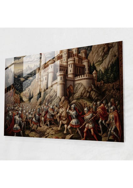 Ortaçağ Cam Tablosu - Şövalyelerin Savaşı - Ev Dekorasyonu Cam Duvar Sanatı