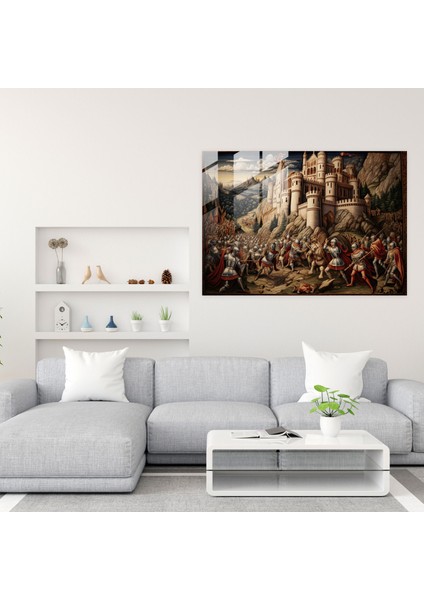 Ortaçağ Cam Tablosu - Şövalyelerin Savaşı - Ev Dekorasyonu Cam Duvar Sanatı fiyatları