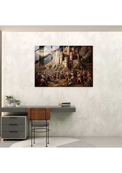Ortaçağ Cam Tablosu - Şövalyelerin Savaşı - Ev Dekorasyonu Cam Duvar Sanatı modelleri