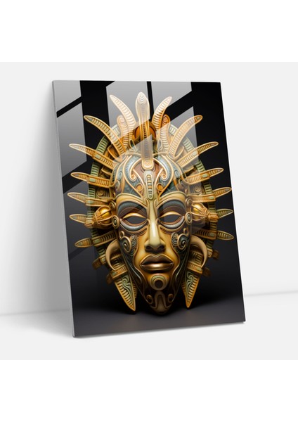 Maya Altın Maskesi Cam Tablo - Inka Altın Maskesi Ihtişam Cam Duvar Sanatı