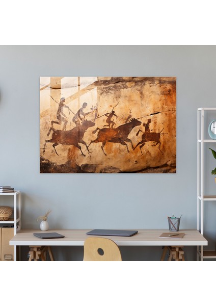 Orta Taş Devri Cam Tablo - Mağara Resmi - Orta Taş Devri Duvar Dekorasyonu Cam Sanatı Avcılar modelleri