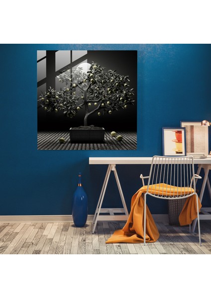 Siyah Beyaz Limon Ağacı Cam Tablo - Limon Ağacı Duvar Dekorasyonu Modern Sanat Dijital Sanat modelleri