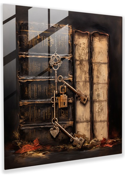 Rustik Karışık Medya Cam Tablo - Antika Anahtarlar ve Deri Kaplı Kitaplar - Rustik Cam Duvar Sanatı Duvar Dekorasyonu Antika Anahtarlar