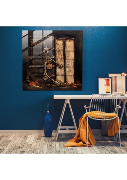 Rustik Karışık Medya Cam Tablo - Antika Anahtarlar ve Deri Kaplı Kitaplar - Rustik Cam Duvar Sanatı Duvar Dekorasyonu Antika Anahtarlar fiyatları