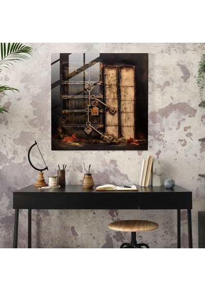 Rustik Karışık Medya Cam Tablo - Antika Anahtarlar ve Deri Kaplı Kitaplar - Rustik Cam Duvar Sanatı Duvar Dekorasyonu Antika Anahtarlar modelleri