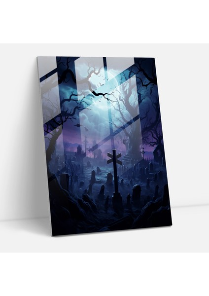 Korku Cam Tablo: Ruhlar Mezarlığı - Korku Dolunay Dijital Illüstrasyon Cam Tablo