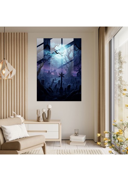 Korku Cam Tablo: Ruhlar Mezarlığı - Korku Dolunay Dijital Illüstrasyon Cam Tablo modelleri