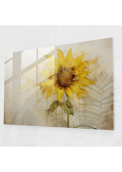 El Sanatı Cam Tablosu - Zarif Fırça Darbeleriyle El Boyanmış Ayçiçeği - Dünya Cam Duvar Sanatı Ayçiçeği Zarif Fırça Darbeleri