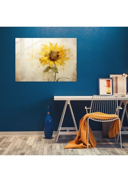 El Sanatı Cam Tablosu - Zarif Fırça Darbeleriyle El Boyanmış Ayçiçeği - Dünya Cam Duvar Sanatı Ayçiçeği Zarif Fırça Darbeleri modelleri