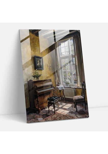 Johannes Vermeer Duvar Dekorasyonu - Klavsen Başında Kadın - Ev Dekorasyonu Cam Tablo