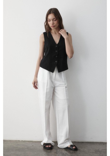Kadın Astarlı Düğme Detaylı Keten Yelek fiyatları