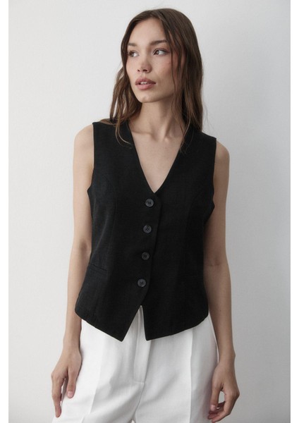 Kadın Astarlı Düğme Detaylı Keten Yelek indirimleri