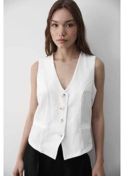 Kadın Astarlı Düğme Detaylı Keten Yelek