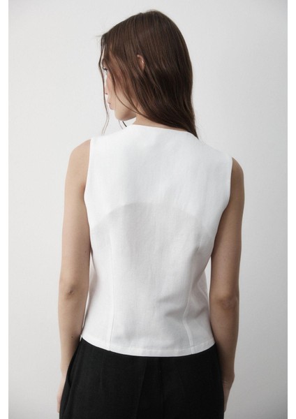 Kadın Astarlı Düğme Detaylı Keten Yelek indirimleri