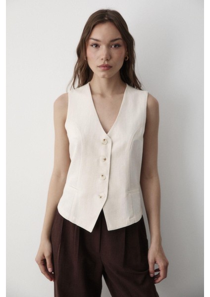 Kadın Astarlı Düğme Detaylı Keten Yelek