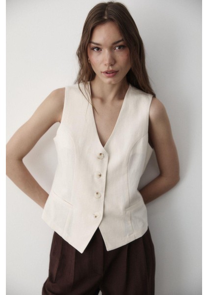 Kadın Astarlı Düğme Detaylı Keten Yelek modelleri