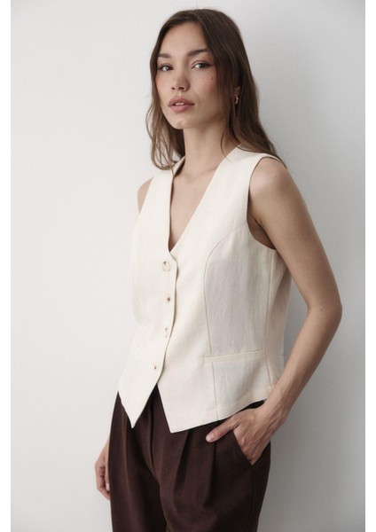 Kadın Astarlı Düğme Detaylı Keten Yelek fırsatları