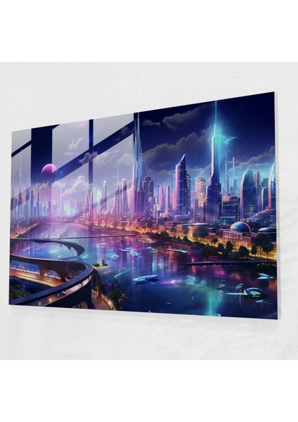 Gecekondu Gelecek Cam Tablo - Harlem Teknolojik Gelişmiş Gecekondu Metropolü Fütüristik Şehir Manzarası Cam Duvar Sanatı