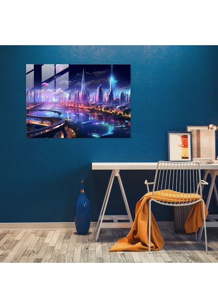Gecekondu Gelecek Cam Tablo - Harlem Teknolojik Gelişmiş Gecekondu Metropolü Fütüristik Şehir Manzarası Cam Duvar Sanatı fiyatları