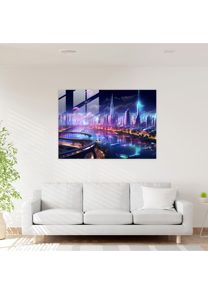 Gecekondu Gelecek Cam Tablo - Harlem Teknolojik Gelişmiş Gecekondu Metropolü Fütüristik Şehir Manzarası Cam Duvar Sanatı modelleri