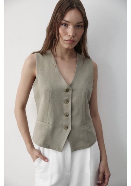 Kadın Astarlı Düğme Detaylı Keten Yelek