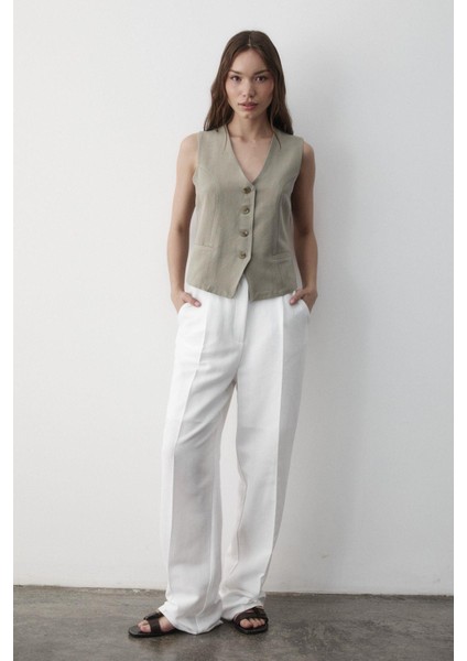 Kadın Astarlı Düğme Detaylı Keten Yelek fiyatları