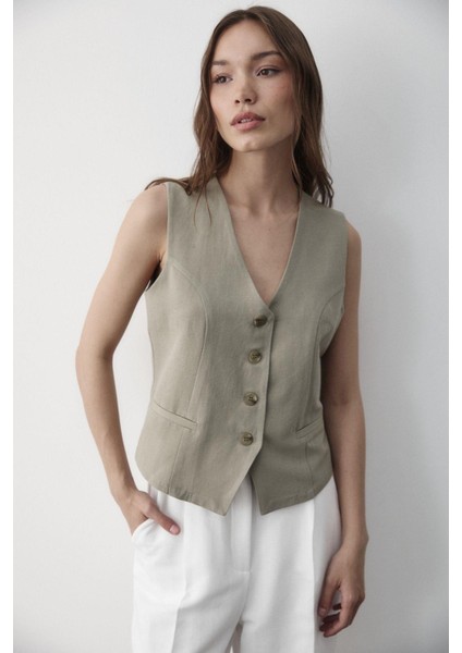 Kadın Astarlı Düğme Detaylı Keten Yelek modelleri