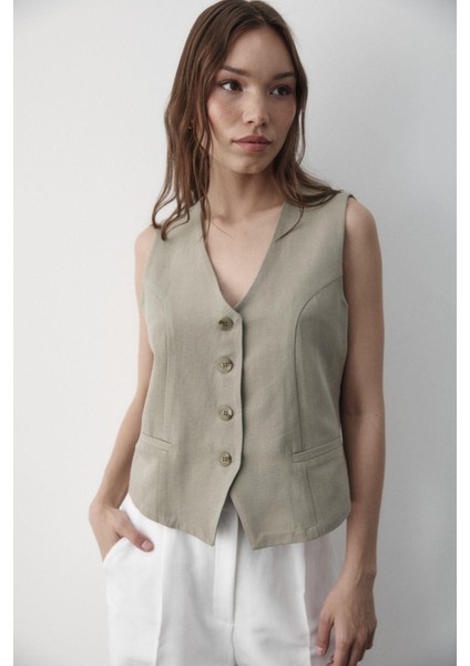 Kadın Astarlı Düğme Detaylı Keten Yelek fırsatları