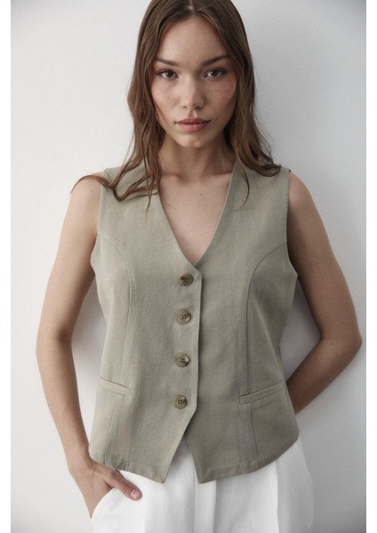 Kadın Astarlı Düğme Detaylı Keten Yelek indirimleri