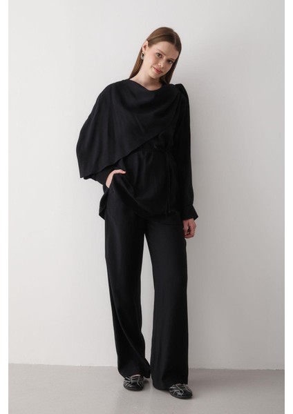 Kadın Drapeli Kuşaklı Bluz & Bol Paça Beli Lastikli Pantolon Takım fiyatları