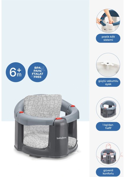 Babyjem Önden Açılır Banyo ve Mama Oturağı ve Minderi - 2'Li Set Gri