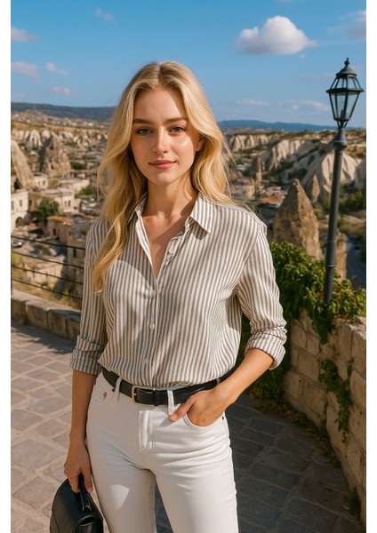 Kadın Çizgili Oversize Gömlek – Haki Beyaz Pamuk Gömlek