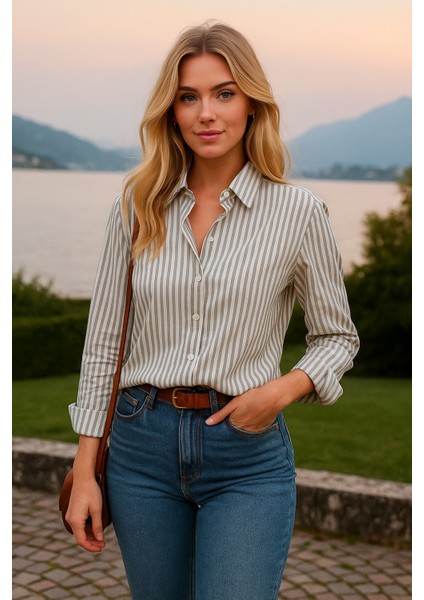 Kadın Çizgili Oversize Gömlek – Haki Beyaz Pamuk Gömlek fiyatları