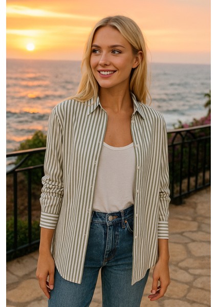 Kadın Çizgili Oversize Gömlek – Haki Beyaz Pamuk Gömlek modelleri