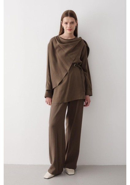 Kadın Drapeli Kuşaklı Bluz & Bol Paça Beli Lastikli Pantolon Takım modelleri