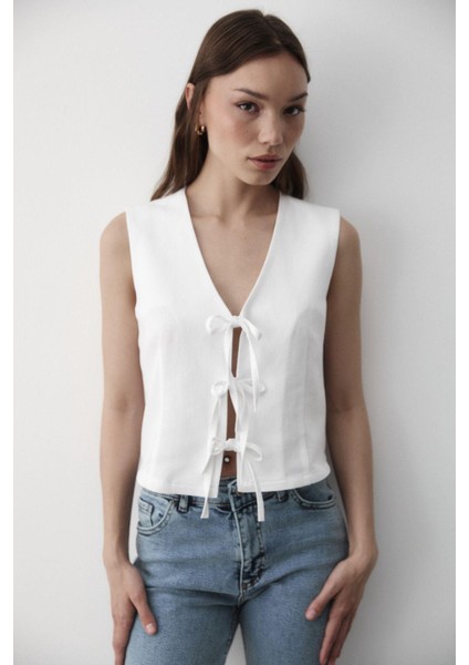 Kadın Bağlamalı Keten Yelek modelleri