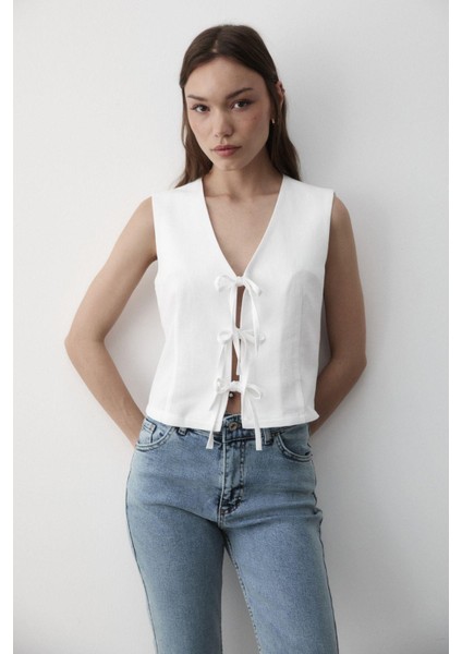Kadın Bağlamalı Keten Yelek indirimleri