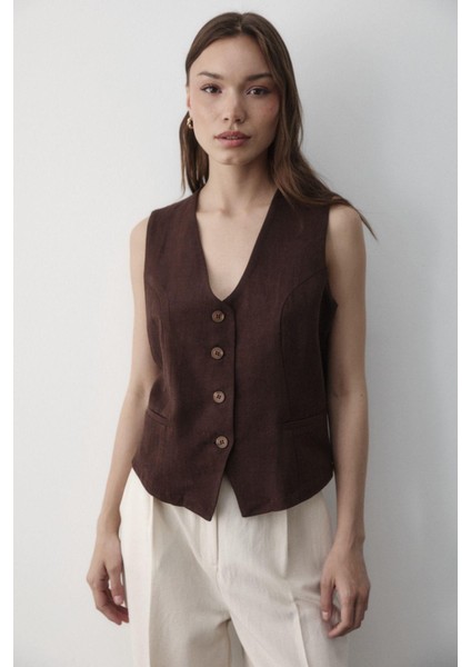 Kadın Astarlı Düğme Detaylı Keten Yelek