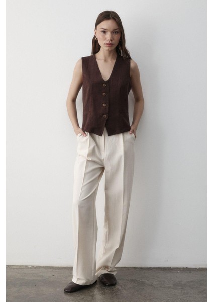 Kadın Astarlı Düğme Detaylı Keten Yelek fiyatları