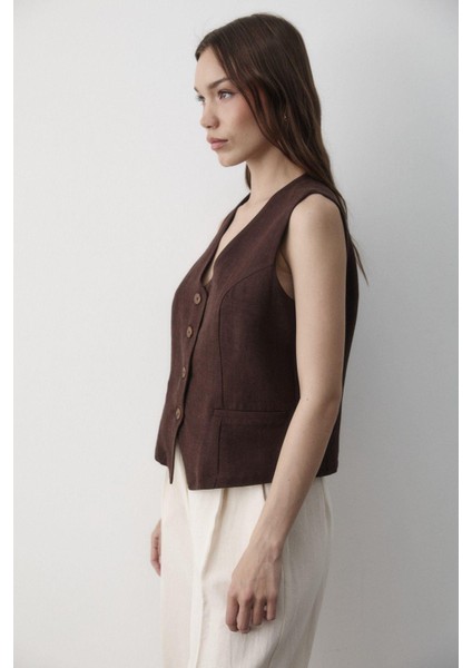 Kadın Astarlı Düğme Detaylı Keten Yelek modelleri