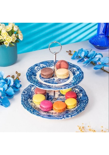 Vintage Blue 2 Katlı Kurabiyelik Seti Porselen Yuvarlak Desenli 3 Parça 21 cm ve 26 cm