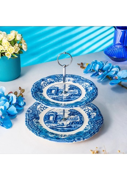 Vintage Blue 2 Katlı Kurabiyelik Seti Porselen Yuvarlak Desenli 3 Parça 21 cm ve 26 cm fiyatları