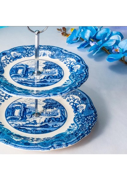 Vintage Blue 2 Katlı Kurabiyelik Seti Porselen Yuvarlak Desenli 3 Parça 21 cm ve 26 cm modelleri