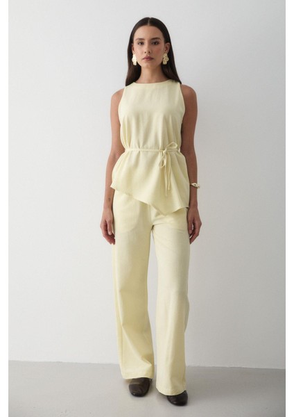 Kadın Keten Bisiklet Yaka Yelekli Kuşaklı Pantolon Takım