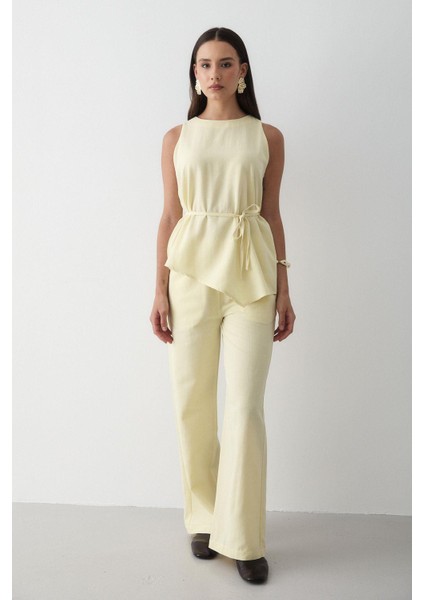 Kadın Keten Bisiklet Yaka Yelekli Kuşaklı Pantolon Takım modelleri