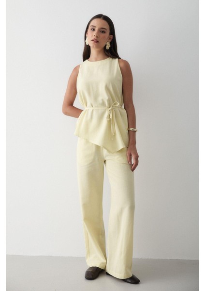 Kadın Keten Bisiklet Yaka Yelekli Kuşaklı Pantolon Takım fırsatları