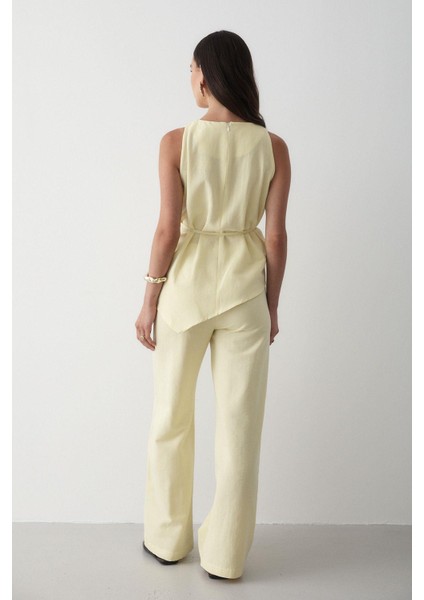 Kadın Keten Bisiklet Yaka Yelekli Kuşaklı Pantolon Takım indirimleri