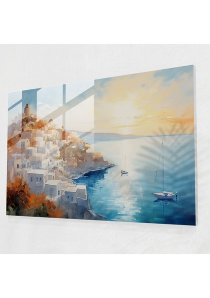 Santorini Cam Tablosu - Empresyonist Cam Duvar Sanatı - Santorini Ev Dekorasyonu Duvar Dekorasyonu
