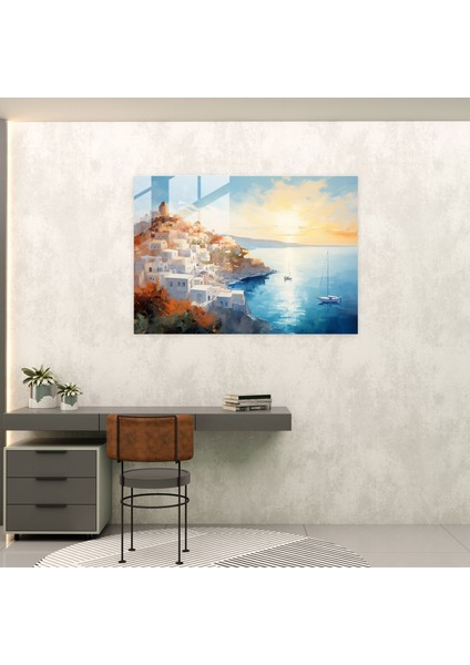 Santorini Cam Tablosu - Empresyonist Cam Duvar Sanatı - Santorini Ev Dekorasyonu Duvar Dekorasyonu fiyatları