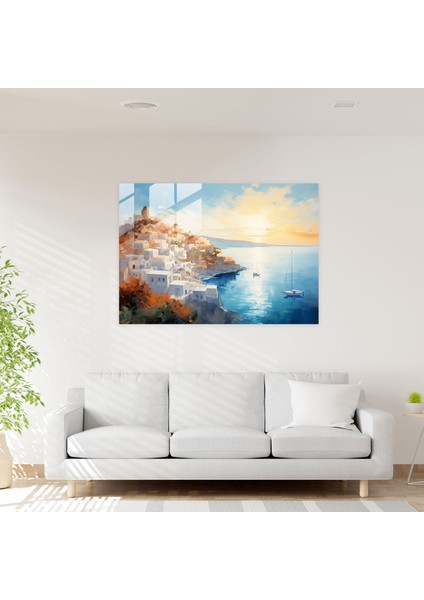 Santorini Cam Tablosu - Empresyonist Cam Duvar Sanatı - Santorini Ev Dekorasyonu Duvar Dekorasyonu modelleri
